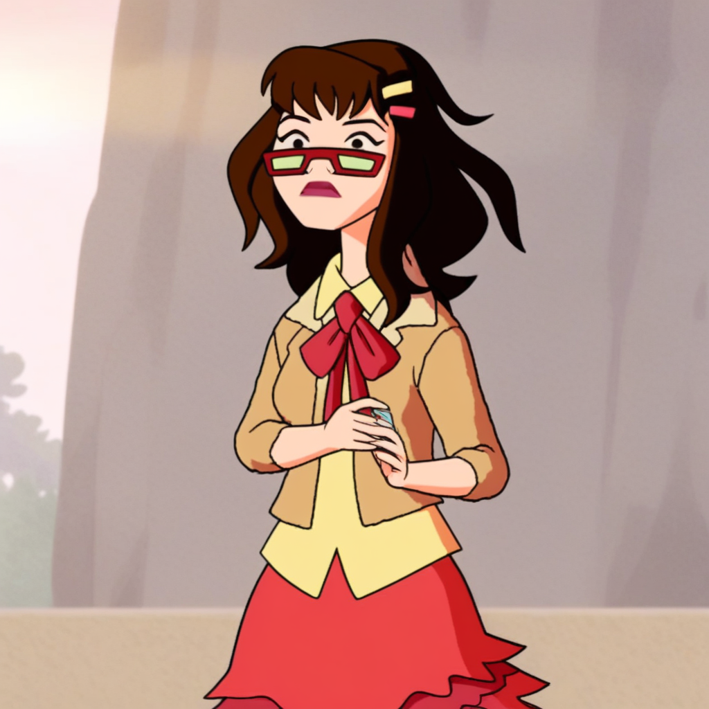 score_9, solo, marcie_f, brown hair, hairclip, glasses, skirt, hairclip, outdoors, natural lighting,
