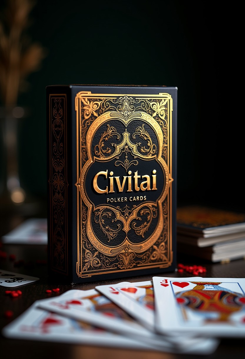 Elegant poker card deck box design featuring (art nouveau:1.3) elements with (HD tech aesthetics:1.4), showcasing the logo title “(Civitai:1.5)” in an ornate art nouveau font. Highlight (rich colors:1.2), (intricate patterns:1.3), and (sophisticated motifs:1.1), displaying (luxurious:1.4) textures and (detailed illustrations:1.2). Set against a (dark, moody background:1.2), with (poker cards:1.3) fanned out on the table below, capturing a blend of modern technology and classic elegance