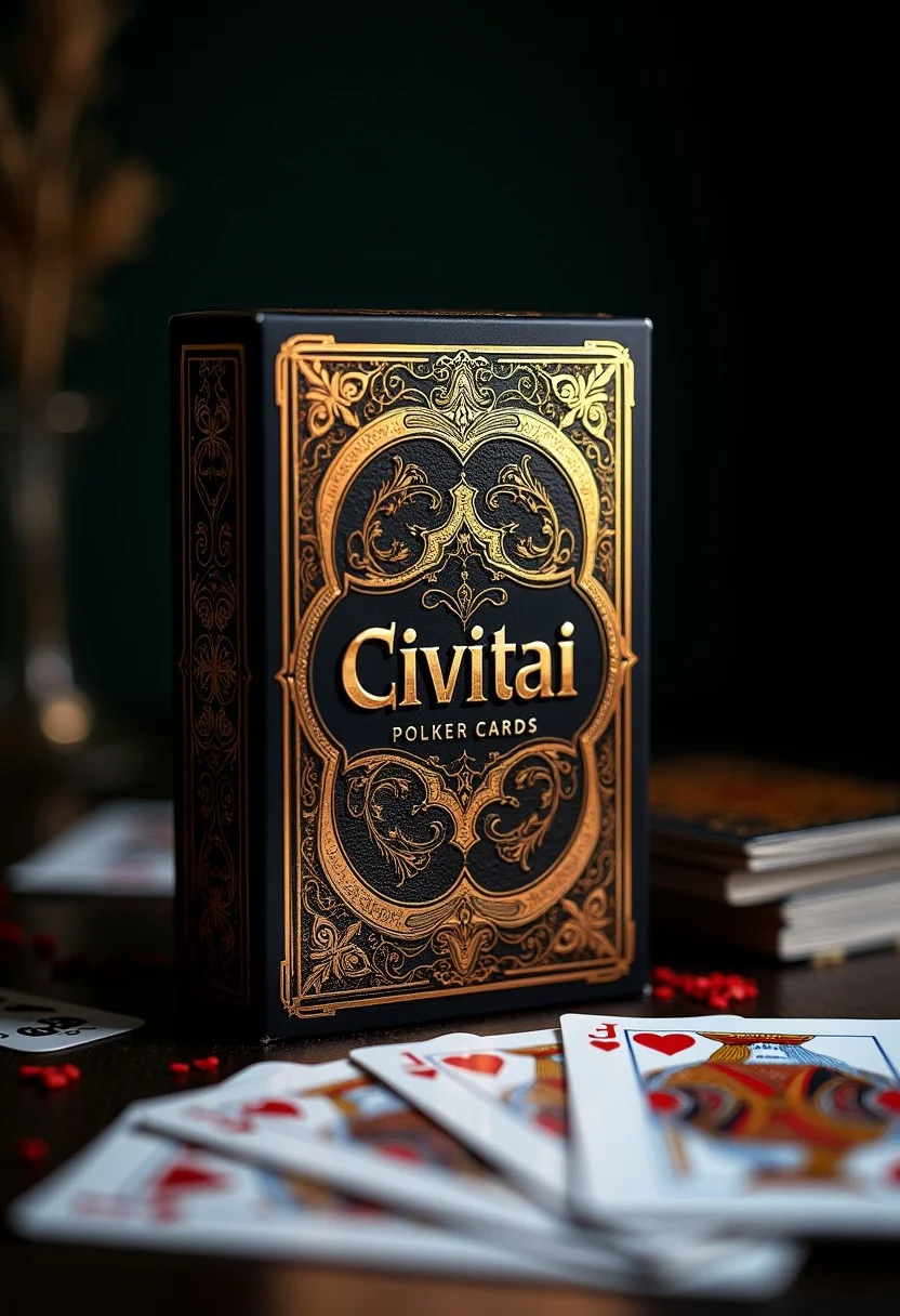 Elegant poker card deck box design featuring (art nouveau:1.3) elements with (HD tech aesthetics:1.4), showcasing the logo title “(Civitai:1.5)” in an ornate art nouveau font. Highlight (rich colors:1.2), (intricate patterns:1.3), and (sophisticated motifs:1.1), displaying (luxurious:1.4) textures and (detailed illustrations:1.2). Set against a (dark, moody background:1.2), with (poker cards:1.3) fanned out on the table below, capturing a blend of modern technology and classic elegance