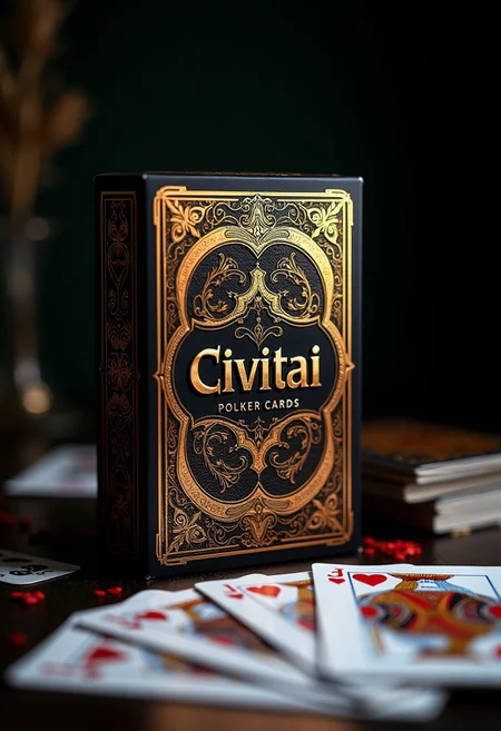 Elegant poker card deck box design featuring (art nouveau:1.3) elements with (HD tech aesthetics:1.4), showcasing the logo title “(Civitai:1.5)” in an ornate art nouveau font. Highlight (rich colors:1.2), (intricate patterns:1.3), and (sophisticated motifs:1.1), displaying (luxurious:1.4) textures and (detailed illustrations:1.2). Set against a (dark, moody background:1.2), with (poker cards:1.3) fanned out on the table below, capturing a blend of modern technology and classic elegance