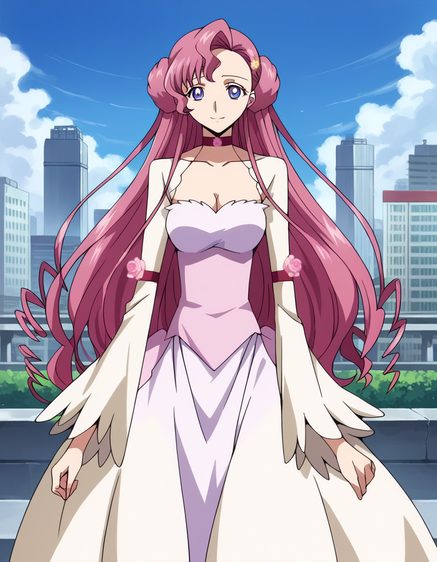 score_9, score_8_up, score_7_up, source_anime,
euphemialibritannia, <lora:euphemia-li-britannia-s1-ponyxl-lora-nochekaiser:1>,
euphemia li britannia, doughnut hair bun, hair bun, hair flower, hair ornament, long hair, pink hair, purple eyes,
bare shoulders, bow, cleavage, dress, frills, lace, ribbon, collarbone, choker, long sleeves, wide sleeves, long dress,
outdoors, cityscape, smile,
looking at viewer, dutch angle, cowboy shot, solo,