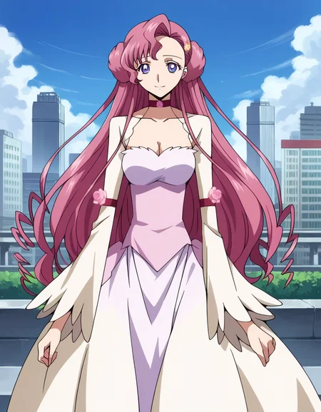 score_9, score_8_up, score_7_up, source_anime,
euphemialibritannia, <lora:euphemia-li-britannia-s1-ponyxl-lora-nochekaiser:1>,
euphemia li britannia, doughnut hair bun, hair bun, hair flower, hair ornament, long hair, pink hair, purple eyes,
bare shoulders, bow, cleavage, dress, frills, lace, ribbon, collarbone, choker, long sleeves, wide sleeves, long dress,
outdoors, cityscape, smile,
looking at viewer, dutch angle, cowboy shot, solo,