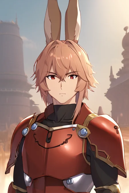 (masterpiece:1.2), (best quality, high quality, highres, absurdres, 8k, (A1 Pictures style|Ghibli style), cinematic lighting), (handsome anthro, viera, highly detailed), expressive eyes, crimson hair, short hair, armor