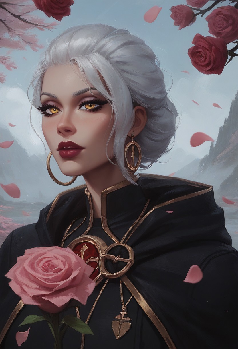 score_9, score_8_up, score_7_up, (realistic:1.2), mysterious girl, alluring goddess,, smooth, intricate details, highly detailed,  masterpiece, best quality, amazing quality, wet hair. 1girl, solo, cherry blossoms falling around her, misty mountains in the background, focused and serene expression, Jaina Proudmoore, 1girl, mature female, white hair, blonde hair, yellow eyes, anchor necklace, pelvic curtain, rain, black lips, sith lord, star wars, sith, (single red lightsaber:1.2), black hood, black cape, hood on head, turtleneck, (black and dark red clothing:1.2),, leg up, motion lines, speed lines,(close up face), jainapost, (clothed upper part of body:1.2), (she holding pink rose:1.3),(she is looking at rose in her hand:1.2),,roses, pink roses, roses, rose petals, rose, valentine:1.2, (dramatic atmosphere:1.2)