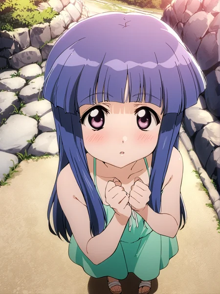 masterpiece, best quality, <lora:0r0P00W0n0j0O0kqLSDXL_LoRA_V1:1>, 1girl, furude rika, solo, dress, outdoors, green dress, blush, long hair, purple eyes, sandals, blue hair, sundress, day, looking at viewer, standing, bangs, blunt bangs, sleeveless, tree, sky, sleeveless dress, bare shoulders, mountain, upper body