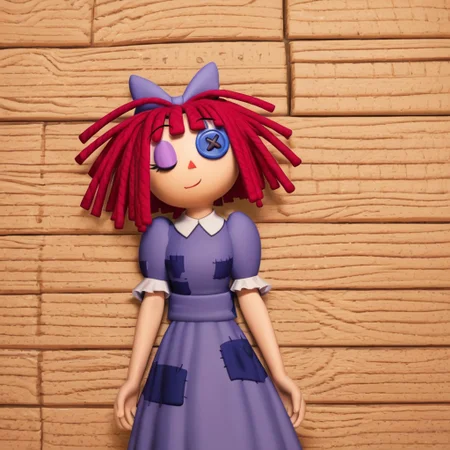 sleeping, d_ll, 1girl,rag-doll, red yarn-like hair, flat orange triangular nose, blue button eye and black pupil in actual eye, purple bow in hair, purple dress with darker patches, white undershirt