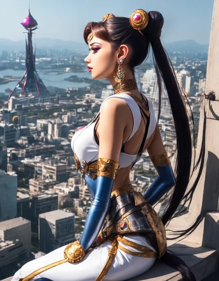 (Beautiful cyborg princess looking out over her lands from a tall tower, league of legends, long legs, belly dancer, high heels, intricate detail, cyberpunk Japan, futuristic, clean sharp focus) <lora:Dusk_XL_Goth_Moon_dadapt_cos_1e-7:0.8> 1girl, long hair, twintails, jewelry, hair bun, earrings, double bun, tsukino usagi, sailor collar, choker, hair ornament, crescent, sailor moon, skirt, gloves, very long hair