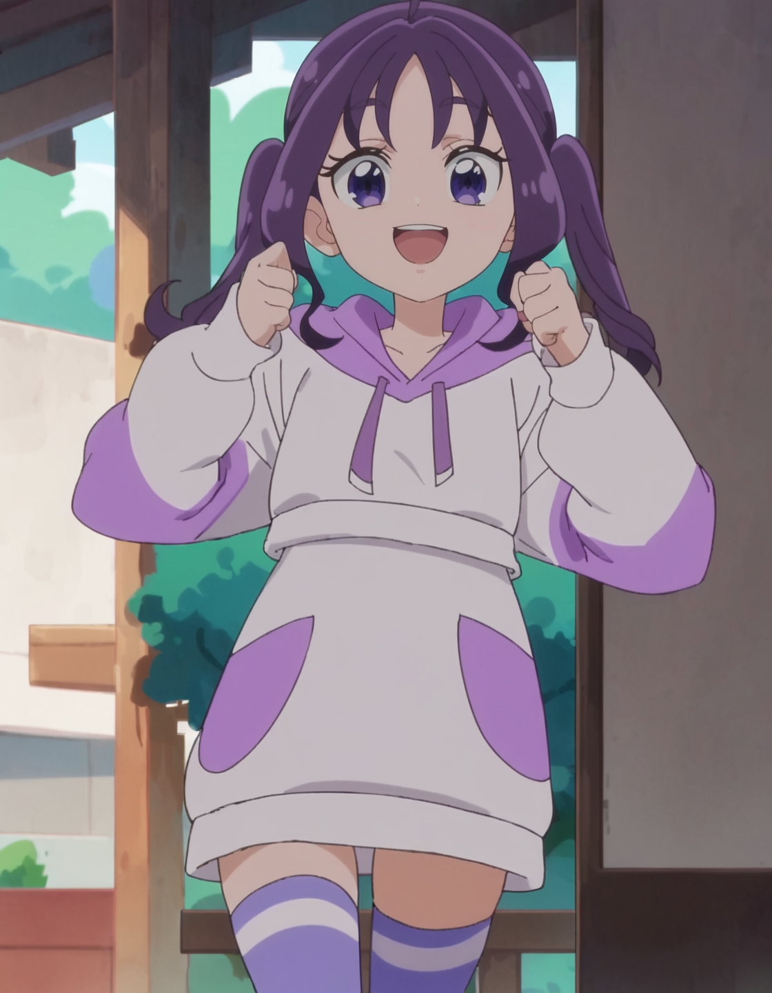 score_9, score_8_up, score_7_up, anime screencap, solo,1girl,shigurekokoro, thighhighs, looking at viewer, hood, hoodie, purple thighhighs, long sleeves,  white hoodie, open mouth,smile,small breasts<lora:shigurekokoro_pony:0.8>