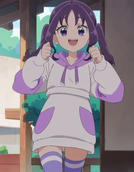 score_9, score_8_up, score_7_up, anime screencap, solo,1girl,shigurekokoro, thighhighs, looking at viewer, hood, hoodie, purple thighhighs, long sleeves, white hoodie, open mouth,smile,small breasts<lora:shigurekokoro_pony:0.8>