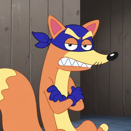 <lora:Swiper_Dora_-_Illustrious:1>  Swiper, 1boy, blue mask, blue gloves, looking at viewer, crossed arms, jail cell, sitting, on floor, annoyed, clenched teeth, angry, masterpiece, masterwork