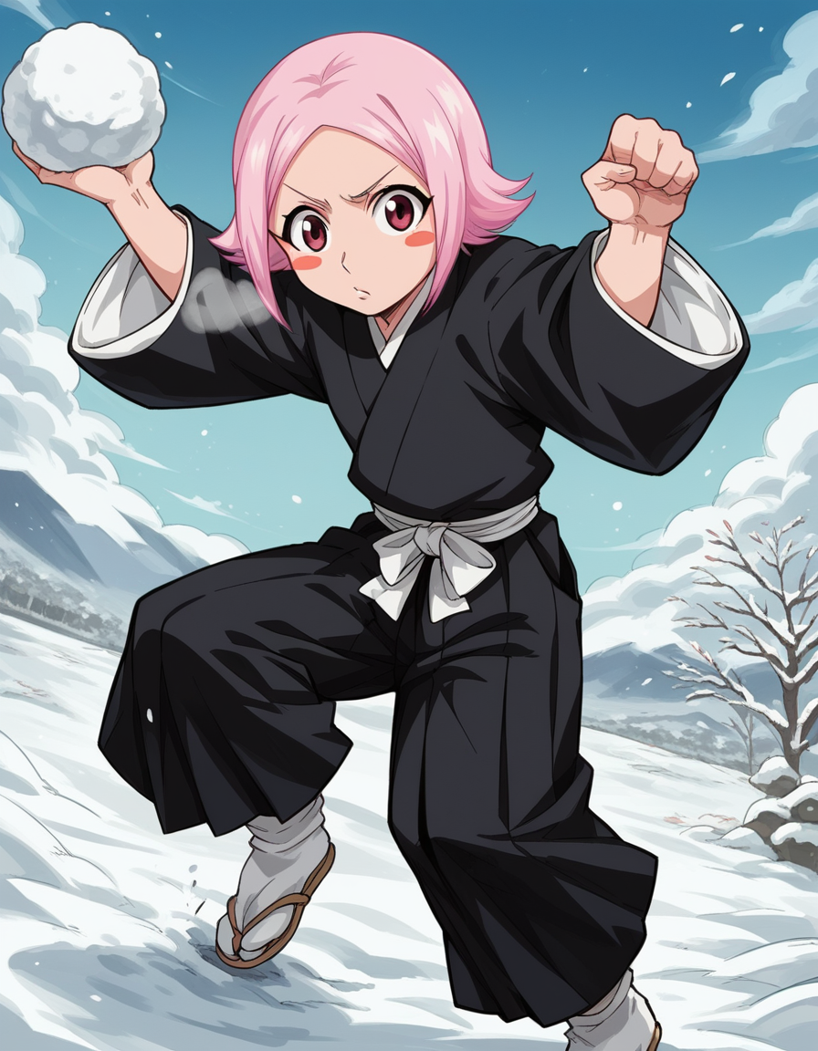 score_9, score_8_up, score_7_up, source_anime, <lora:yachiru-kusajishi-anime-ponyxl-lora-nochekaiser:1>, yachiru kusajishi, short hair, pink hair, pink eyes, blush stickers, forehead,, long sleeves, japanese clothes, hakama, black hakama,, snow day, winter clothes, snowball fight, laughter, cold breath, white landscape, , looking at viewer, elbow bent, hand on thigh, foot pointed, solo,, cowboy shot, dutch angle