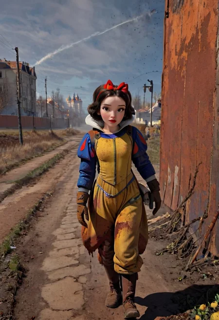 Rusted, rusted landscape, an Disney princess Snow White,  wearing a Hazmat suit, walking on a side walk in a run down russian city, smoke, chem trails, extreme close-up, portrait, raw, masterpiece, extreme insanely realistic detailed and intricate, extreme realistic detail, doomer aesthetics, depressing feelings, night, vintage painting, painting, realism,
