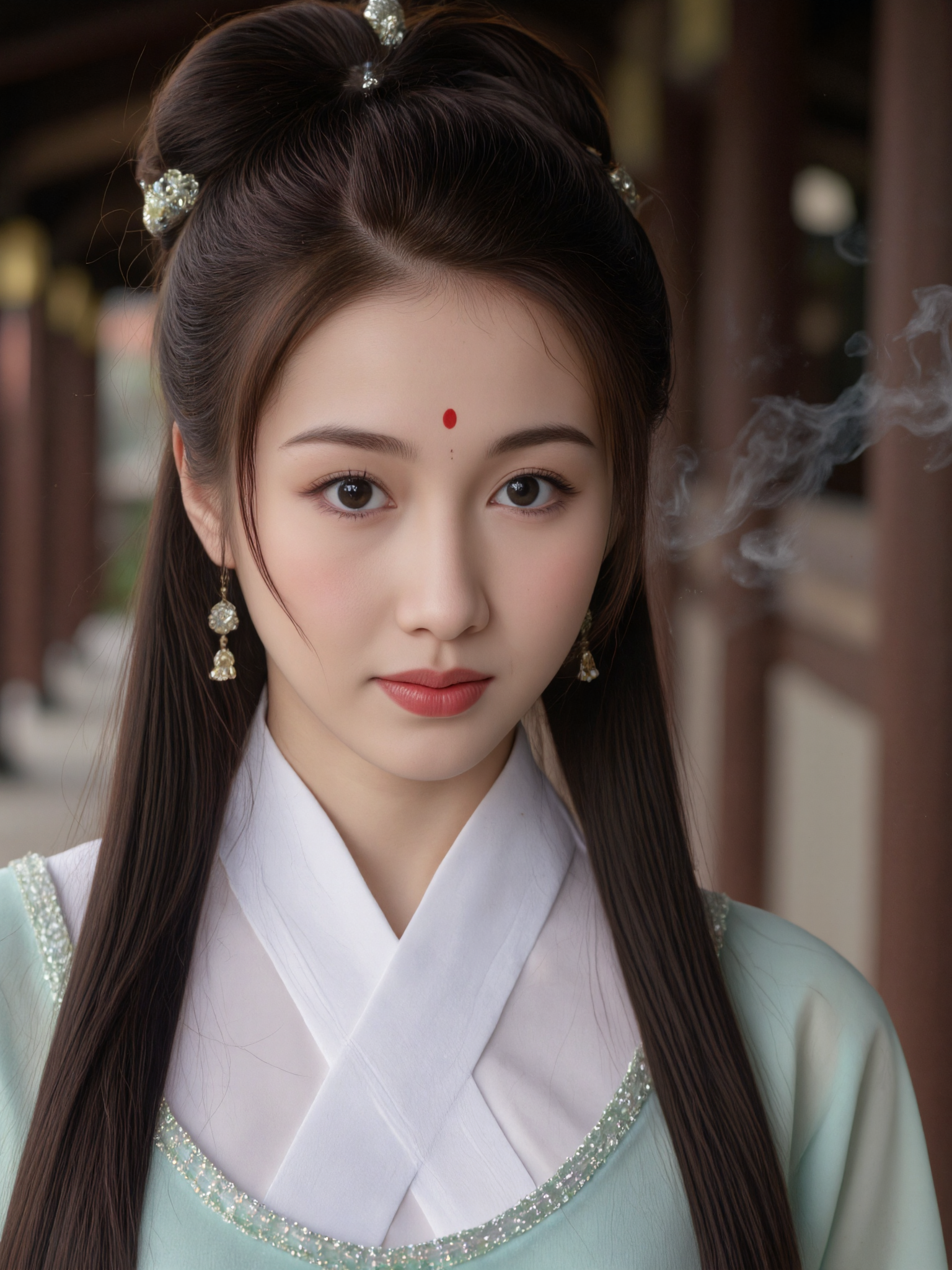 This is a high-resolution close-up photograph of an Asian woman with fair skin and long, dark hair styled in an elegant traditional updo. Her delicate, almond-shaped eyes are highlighted by subtle, natural makeup, and her lips are painted a deep, refined red. A small red dot is centered on her forehead, symbolizing cultural significance.

She wears a traditional Hanfu with a soft, cross-collar design visible over her shoulders and chest, the fabric finely layered and lightly embroidered near the neckline. Ornate earrings dangle gently beside her cheeks, catching the soft, warm light that illuminates her face and the folds of the garment.

The background is blurred, suggesting the muted outlines of a traditional temple — wooden pillars, tiled eaves, and faint trails of incense smoke. The composition frames her from the chest upward, focusing tightly on the serenity of her gaze, the elegant lines of her neckline, and the quiet strength she exudes.

