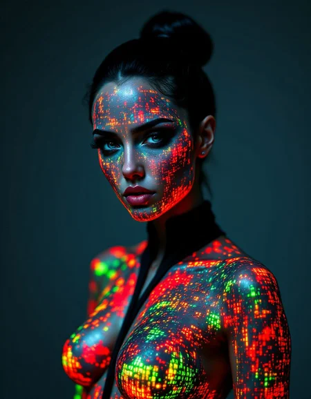 cybernetic style futuristic style Futurism Art Style, This is a high-resolution photograph of a woman with a striking, futuristic appearance. Her face and body are covered in a glowing, pixelated pattern of vibrant colors, including red, orange, yellow, green, blue, and white, which creates a mesmerizing, almost holographic effect. The colors are arranged in a complex, abstract design, with some areas of the pattern appearing more densely packed than others. Her skin is smooth and flawless, accentuated by the contrast of the glowing pixels.
The woman has a slender build and is wearing a form-fitting, black bodysuit that mirrors the pixelated pattern, seamlessly blending with the light show. Her dark hair is pulled back into a sleek, low bun, and her eyes are strikingly blue, complemented by thick, dark eyelashes. She has full, red lips that stand out against the colorful background.
The background is a dark, neutral color, which allows the glowing pixels to be the focal point. The lighting is soft but intense, casting shadows that enhance the depth and dimension of the image. The overall style of the photograph is modern and avant-garde, blending elements of technology and fashion into a visually stunning and thought-provoking composition. <lora:aidmaFLuxPro1.1_v0.3:1>, ((intricate details)), hdr, ((intricate details, hyperdetailed)), dynamic, dramatic, Futurism Art Style . sleek, modern, ultramodern, high tech, detailed . futuristic, technological, cybernetic enhancements, robotics, artificial intelligence themes