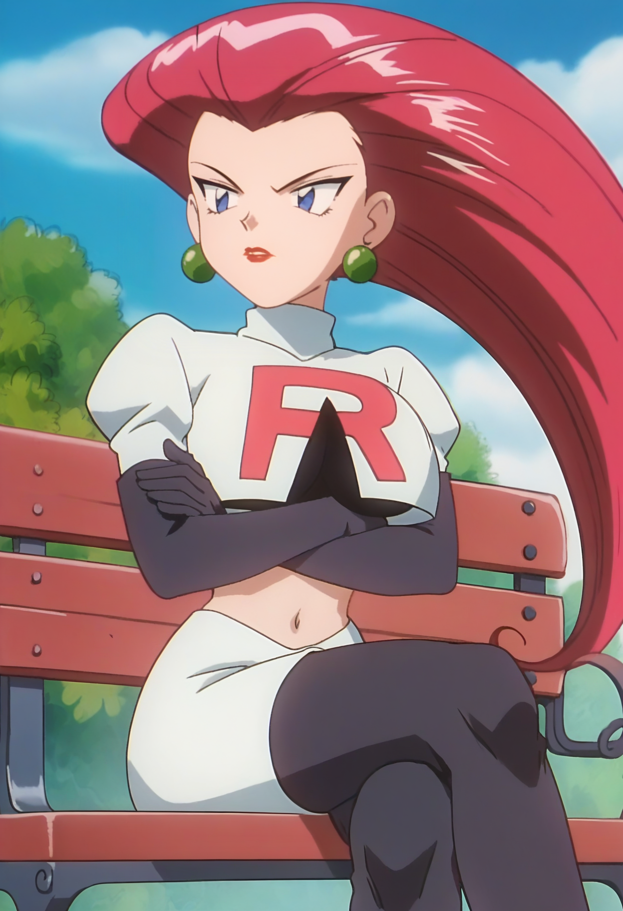 score_9, score_8_up, score_7_up, score_6_up, anime screencap, anime coloring, <lora:PMJessie_epoch_7:0.8>, PMJessie, red hair, long hair, earrings, blue eyes, red lips, breasts, 
team rocket uniform, jacket, white jacket, black crop top, elbow gloves, black gloves, navel, midriff, miniskirt, white skirt, black thighhighs, thigh boots,
serious, sitting, crossed legs, crossed arms, breast press, looking away, bench, 
BREAK blue sky, sunlight,