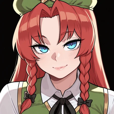 best quality, absurdres, (asura (asurauser):0.75), (nyantcha:0.3), (poronegi:0.3), (ergot:0.2), (fuuzasa:0.6), (mata /(matasoup)/:0.3), (aldharoku:0.6), BREAK, hong meiling, portrait, looking at viewer, simple background, black background, facing viewer, upper body