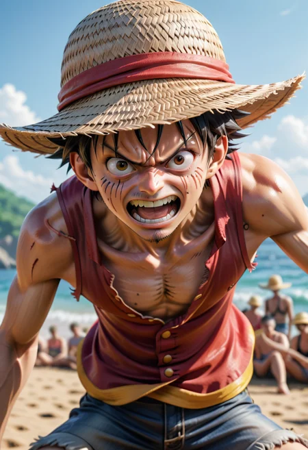 Luffy from one piece having his final battle, closeup shot, he is angry, wearing a straw hat and shorts. realistic photo, 8k, perfection, simi realiality, wearing a sleeveless shirt