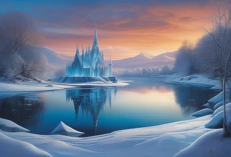 A whimsical winter wonderland, 
with ice sculptures and twinkling lights adorning the frozen lake. evening, 
intricate design, 
cinematic lighting, 
LP cover, 
Giger Marc Simonetti print, 
Mysterious