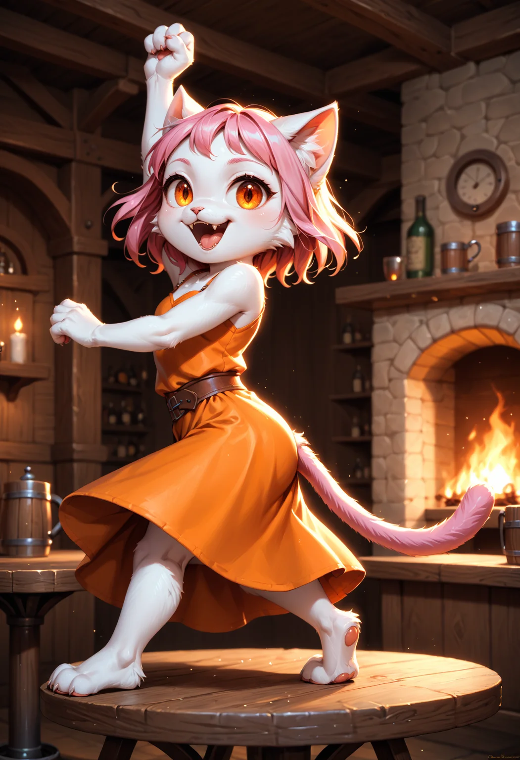 score_9, score_8_up, score_7_up, (solo), detailed face eyes and fur, female, anthro, furry, (cat), (white fur), ((short pink hair)), ((pink tail)), orange eyes, small breasts, small fangs, shortstack, medieval wench, orange clothes, fantasy, tavern, ((dancing on table)), happy, night, fireplace, vibrant, dramatic shadows, (from side and below) <lora:KFT_FSSE_V6.3:0.4>