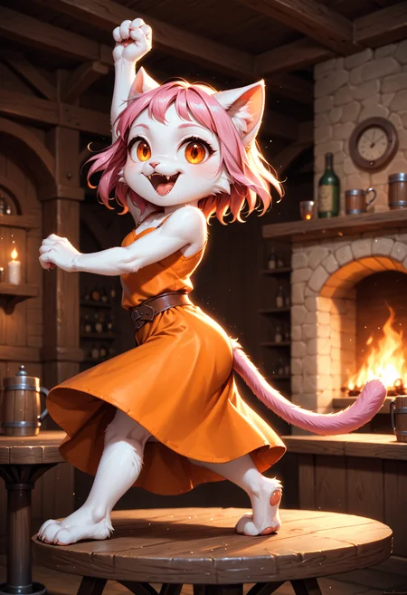 score_9, score_8_up, score_7_up, (solo), detailed face eyes and fur, female, anthro, furry, (cat), (white fur), ((short pink hair)), ((pink tail)), orange eyes, small breasts, small fangs, shortstack, medieval wench, orange clothes, fantasy, tavern, ((dancing on table)), happy, night, fireplace, vibrant, dramatic shadows, (from side and below) <lora:KFT_FSSE_V6.3:0.4>