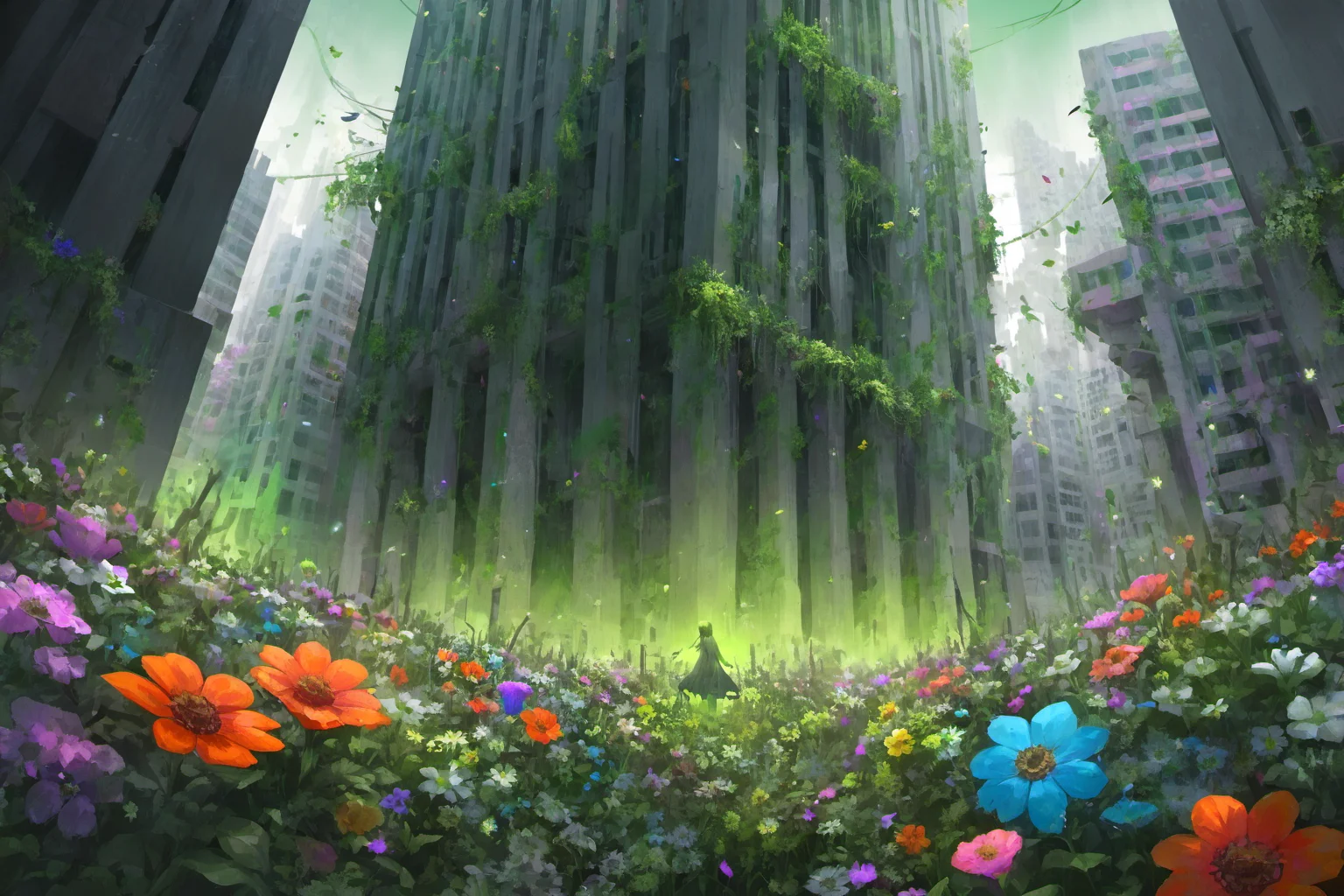 masterpiece, overgrown brutalism, green glow, colorful flowers, glowing flowers, a city in a magical forest, <lora:Overgrown_Brutalism_SDXL:1>