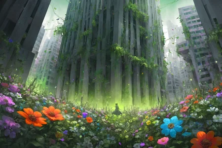 masterpiece, overgrown brutalism, green glow, colorful flowers, glowing flowers, a city in a magical forest, <lora:Overgrown_Brutalism_SDXL:1>
