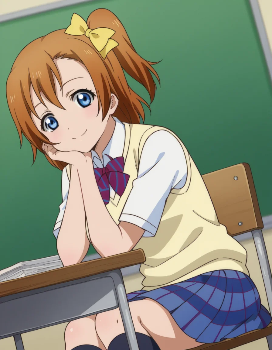 score_9, score_8_up, score_7_up, source_anime, <lora:honoka-kousaka-s1-ponyxl-lora-nochekaiser:1>, honoka kousaka, blue eyes, brown hair, hair bow, orange hair, one side up, short hair, yellow bow,, skirt, bow, school uniform, socks, plaid, kneehighs, plaid skirt, sweater vest, summer uniform, otonokizaka school uniform,, indoors, smile, looking at viewer, solo, sitting, head rest, table,, cowboy shot, dutch angle