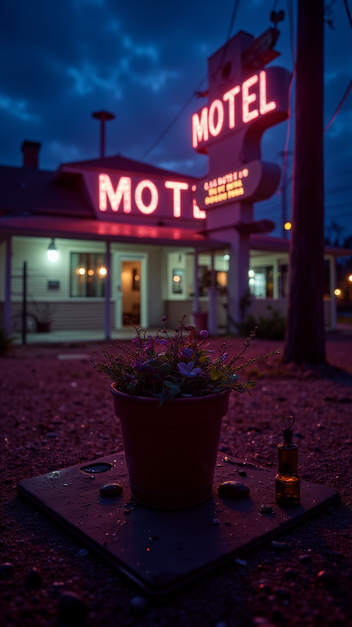 stylized by Thomas Moran, photograph, "Shades of Guilt", Sublime Motel in background, Fujicolor Superia X-TRA 400, L USM, 64K, aidmaglow