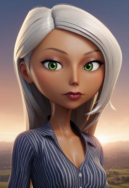 PonyXLV6_Scores,source_anime,masterpiece,best quality, highly detailed, perfect anatomy,amazing quality,3d,video game
BREAK
 <lora:mirage:0.8>mirage, 1girl, solo, green eyes, looking at viewer, long hair, shirt, striped shirt, closed mouth, portrait, striped, grey hair, makeup, lipstick, dark-skinned female, dark skin,outdoors,cowboy shot,
