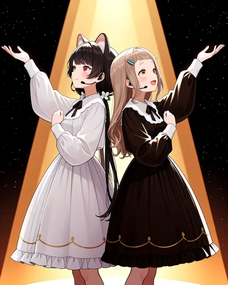 masterpiece, best quality, very aesthetic, perfect anatomy, symmetrical composition,
night, starry sky, darkness, luxury, gaudy, spotlight, from side, from below,
lace trim, glittery dress, frilled dress,
(a girls standing and singing, back-to-back, headset:1.4),
thick eyelashes, shiny skin, shiny hair,
2girls, happy, blush, open mouth, looking up, light smile,
BREAK
<lora:niji-toko:1> niji-inui, (heterochromia:1.3), red eyes, yellow eyes, black hair, dog girl, dog ears, prick ear, very long hair, low twintails, bangs, hair ornament, hair flower, lace trim, glittery white dress, frilled dress, arm up,
BREAK
<lora:niji-chima:1> nijichima, yellow eyes, drooping eyes, short eyebrows, light-brown hair, round face, disproportionate breasts, short stature, aged down, long hair, short bangs, hairclip, lace trim, glittery black dress, frilled dress, arm up,