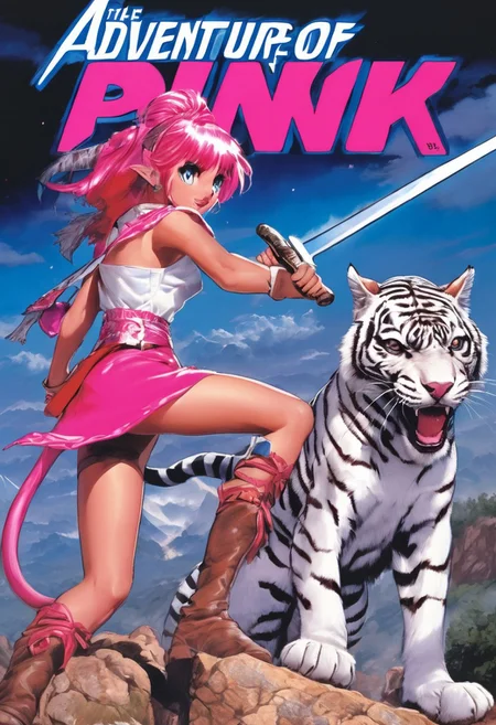 Duo, 1girl, Pink_PonyXL, ((sleeveless dress, white tiger print dress)), pelvic curtain, cleavage, ((white tiger tail)), red sash, ((white cat ears)), medium breasts, ((pink hair, long hair)), sweet smile, wide eyes, single fang showing, Break 1boy, ((link, blonde hair,blue eyes,pointy ears, low ponytail, sidelocks, wearing blue hyilian tunic)), Break, pink standing in fighting pose on a rocky hill, holding a broadsword to the sky, link posing as he looks at pink, storm clouds on the horizon, lightning strike, (((text, bold poster text reading "The Adventure of Pink", text above her))), box_art_frenzy, 1980s Nintendo box cover art, video game,