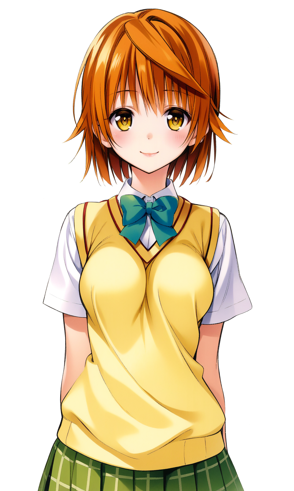 yuusaki riko, yellow eyes, short hair, medium breasts, school uniform, skirt, sweater vest, looking at viewer, light smile, upper body, 
yabukikentarou, masterpiece, best quality, very aesthetic, absurdres, straight-on, 
<lora:YabukiKentarou_XL:0.9>