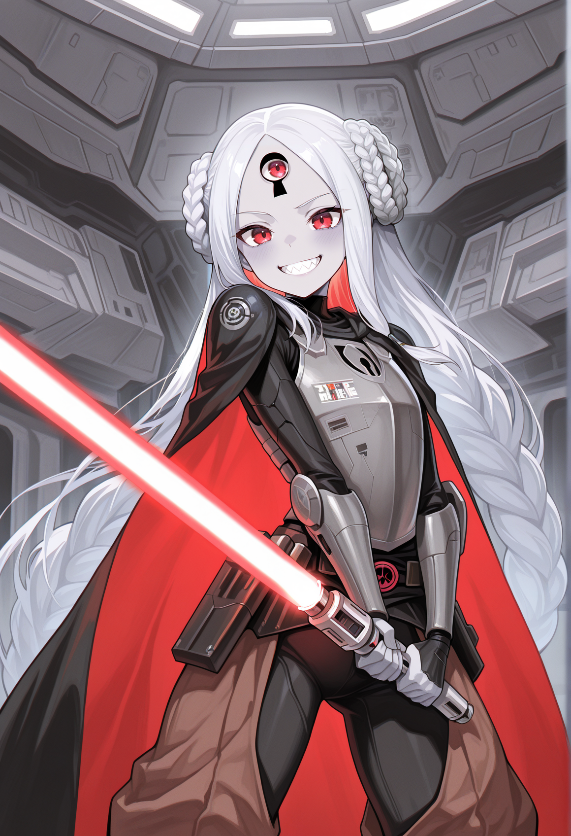 1girl, star wars, jedi, parted bangs, braided buns, grey skin, colored skin, red eyes, keyhole, third eye, mecha musume, cyborg, holding red lightsaber, indoors, science fiction, spacecraft interior, smile, grin, sharp teeth, flat chest, pants, armor, breastplate, cape, brave_pose <lora:Brave_Pose:1>  <lora:Abby_Illus:1>, masterpiece, best quality, amazing quality, very aesthetic, absurdres, highres, newest