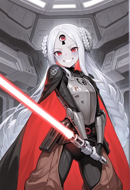 1girl, star wars, jedi, parted bangs, braided buns, grey skin, colored skin, red eyes, keyhole, third eye, mecha musume, cyborg, holding red lightsaber, indoors, science fiction, spacecraft interior, smile, grin, sharp teeth, flat chest, pants, armor, breastplate, cape, brave_pose <lora:Brave_Pose:1> <lora:Abby_Illus:1>, masterpiece, best quality, amazing quality, very aesthetic, absurdres, highres, newest