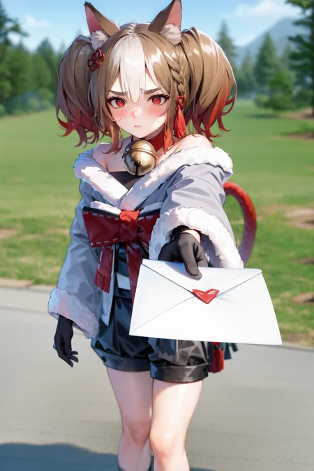 <lora:sekkatest:1>, 1girl, she is presenting the viewer with a letter in an envelope, the letter has a large heart symbol on it, heart symbol, holding, holding letter, outstretched arm, ((her long and wide sleeves reach almost to the ground and have an intricate embroidery at the lower end)), standing, full body, (highres, realistic, best quality, masterpiece, ultra-detailed, textured, ambient lighting, cinematic lighting), animal ears ,1girl , fox ears ,bangs , red eyes , multicolored hair , twintails , animal ear fluff ,brown hair , hair ornament ,bell , solo , looking at viewer ,braid ,neck bell , fox girl , jingle bell ,gloves , fur trim , ribbon ,two-tone hair ,japanese clothes ,off shoulder ,bare shoulders ,collar ,bow , (long sleeves) , streaked hair ,blush , black gloves , tail ,white hair , fox tail , kimono ,wide sleeves , red bow , red ribbon ,multiple tails , red hair , collarbone , hair ribbon , short hair , choker , socks , shorts , ribbon trim , sash , black shorts , rope , small breasts , white kimono , fur-trimmed sleeves , tabi , black footwear , black socks , gradient hair , v-shaped eyebrows , dress ,sandals , hair between eyes , obi , medium hair , grey hair , thick eyebrows , short twintails , strapless , sweat , shimenawa , outdoors , fur-trimmed kimono kitsune, cloth, satin, silk, fur, <lora:loveletterv3:1>