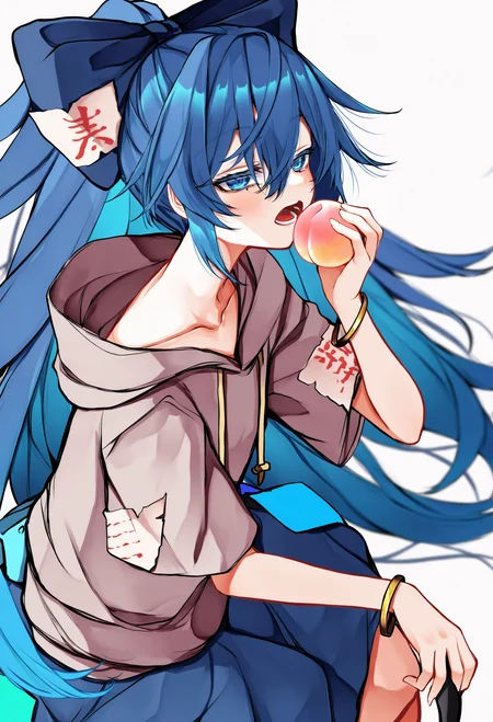 yorigami shion, long hair, food, fruit, debt, blue eyes, skirt, blue hair, blue skirt, bow, hoodie, grey hoodie, bracelet, white background, hood, hair bow, blue bow, open mouth, simple background, bangle, very long hair, short sleeves, peach, 1girl, holding, hair between eyes, jewelry, hinanawi tenshi, holding food, blush, holding fruit, drawstring, collarbone, solo focus
,masterpiece,best quality,very aesthetic,absurdres
<lora:ããããã¤ãfornoob:0.95>