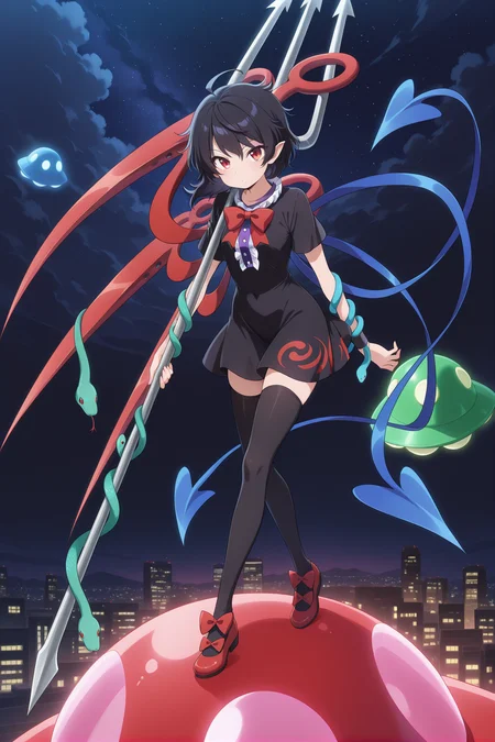 absurdres, highres, masterpiece, best quality, amazing quality, official anime artwork, screencap, anime screencap, looking at viewer, dynamic pose, standing, 
<lora:Nue-Houjuu_Illustrious:1> houjuu nue, 1girl, solo, red eyes, black hair, short hair, ahoge, pointy ears, asymmetrical wings,, black dress, black thighhighs, red bowtie, center frills, footwear bow, frills, snake armband, holding trident, 
ufo, oversized ufo, night, starry sky, star, cloud, flying, light particle,