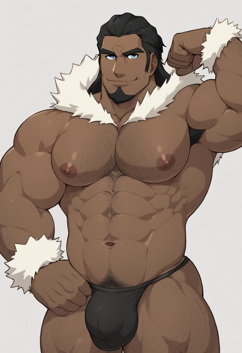 (Winter clothes) happy, flexing arms , bulge, big pecs, ,wolf1c, male, solo, long hair, looking at viewer, smile, short hair, blue eyes, simple background, black hair, 1boy, white background, navel, closed mouth, nipples, nude, dark skin, stomach, fur trim, muscular, facial hair, dark-skinned male, thick eyebrows, pectorals, muscular male, bara, beard, close-up, large pectorals, male, smirk, sideburns, mature male, mustache, stubble,