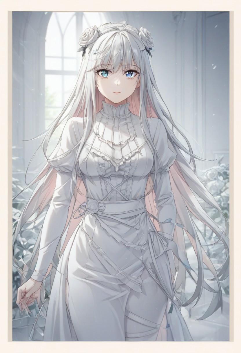 ((white theme:1.75)),((best quality)),((masterpiece)),((ultra-detailed)),(illustration),(detailed light),(an extremely delicate and beautiful),incredibly_absurdres,(glowing),(1girl:1.7),solo,a beautiful girl,(((cowboy shot))),standding,((Hosiery)),((beautiful dress+stocking):1.25),((Belts)),(leg loops),((flower headdress)),((short white hair)),(((beautiful blue eyes))),((english text)),(flower:1.65),(rose),(garden),(((border:1.75))),cozy animation scenes