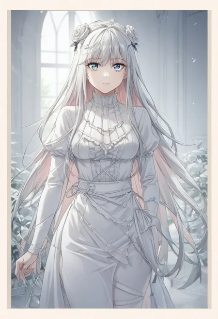 ((white theme:1.75)),((best quality)),((masterpiece)),((ultra-detailed)),(illustration),(detailed light),(an extremely delicate and beautiful),incredibly_absurdres,(glowing),(1girl:1.7),solo,a beautiful girl,(((cowboy shot))),standding,((Hosiery)),((beautiful dress+stocking):1.25),((Belts)),(leg loops),((flower headdress)),((short white hair)),(((beautiful blue eyes))),((english text)),(flower:1.65),(rose),(garden),(((border:1.75))),cozy animation scenes