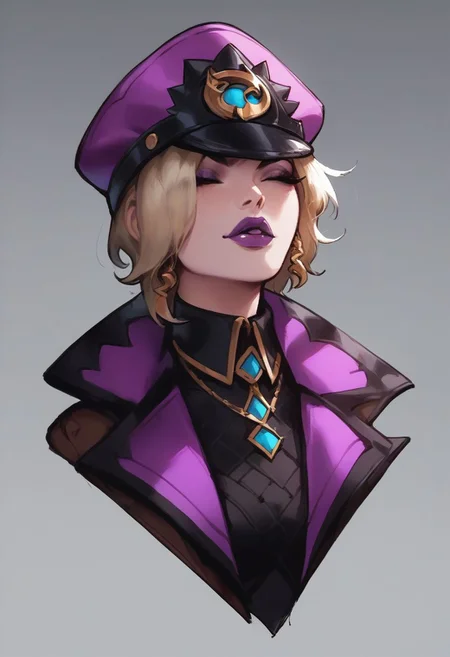 score_9, score_8_up, score_7_up, score_6_up, soul fighter evelynn,1girl, cropped jacket, hat, pants, short hair, blonde hair, purple lips,source_anime, expressive face, speedlines, dynamic movements, ultra-detailed,highres,8k,perfect body,intricate details,depth of field, glowing, neon,