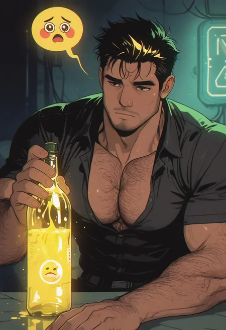 1boy, male focus, bara, muscular, large pectorals, hairy pecs, drinking a bottle of yellow neon liquid, electric, spark, yellow electric power, volumetric lighting, dreamy, cinematic, very awa, masterpiece, best quality, absurdres, newest, perfect quality, detailed background, intricate details, in the style of cksc, Vintage, 1990s \(style\), g0th1c, glowing, neon lights, lighting emoji on the bottle, speech bubble: i need buzz bro