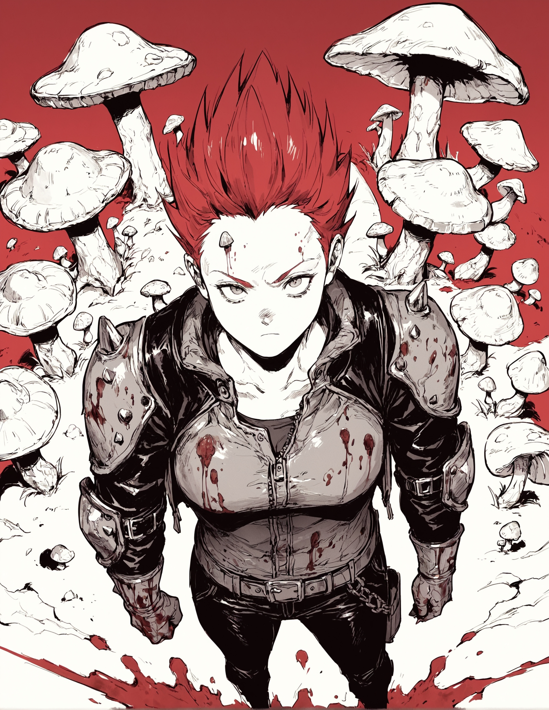 score_9, score_8_up, score_7_up,score_6_up,high resolution,qhayastyle,monochrome,greyscale,red background,en,spiked hair,red hair,jacket,pants,belt,shoulder pads,mushroom,street,rim lighting,dof,solo,pov,dirty,blood,from above
