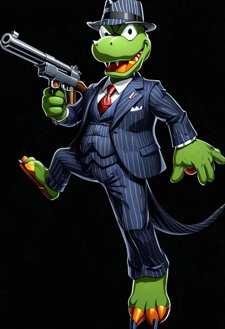 ncrender of yoshi as mafia mob boss wearing a pinstripe suit and holding a tommy gun, black background