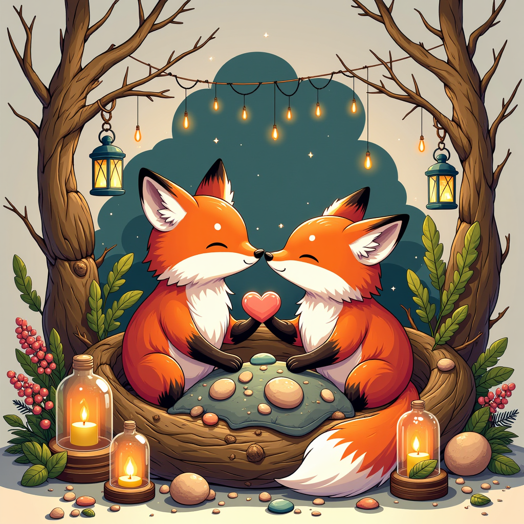 Picture a pair of foxes snuggled up together in their cozy nest, made from soft feathers, twigs, and leaves. They are surrounded by candles, lanterns, and tiny trinkets that add to the warm, intimate atmosphere. One fox is gently placing a heart-shaped pebble into the other's paw, as a symbol of affection., <lora:Flux_DonM\DonM_-_Cute_Toons_Flux-000012.safetensors:0.5:0.5>