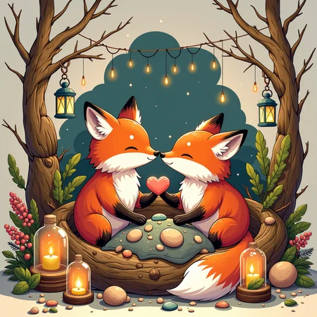 Picture a pair of foxes snuggled up together in their cozy nest, made from soft feathers, twigs, and leaves. They are surrounded by candles, lanterns, and tiny trinkets that add to the warm, intimate atmosphere. One fox is gently placing a heart-shaped pebble into the other's paw, as a symbol of affection., <lora:Flux_DonM\DonM_-_Cute_Toons_Flux-000012.safetensors:0.5:0.5>