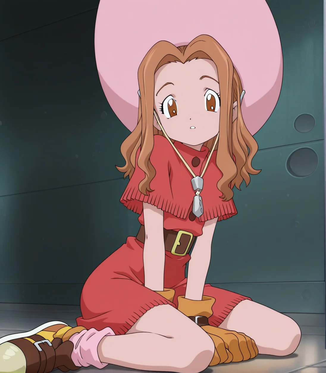 Masterpiece,best quality,amazing quality,solo,mimi tachikawa,digimon adventure,wavy hair,light brown hair,brown eyes,pink hat,western-style red dress with a buttoned poncho,brown gloves,pink socks,shoes,<lora:Mimi_Tachikawa__Digimon_Adventure_illustrious:1>,