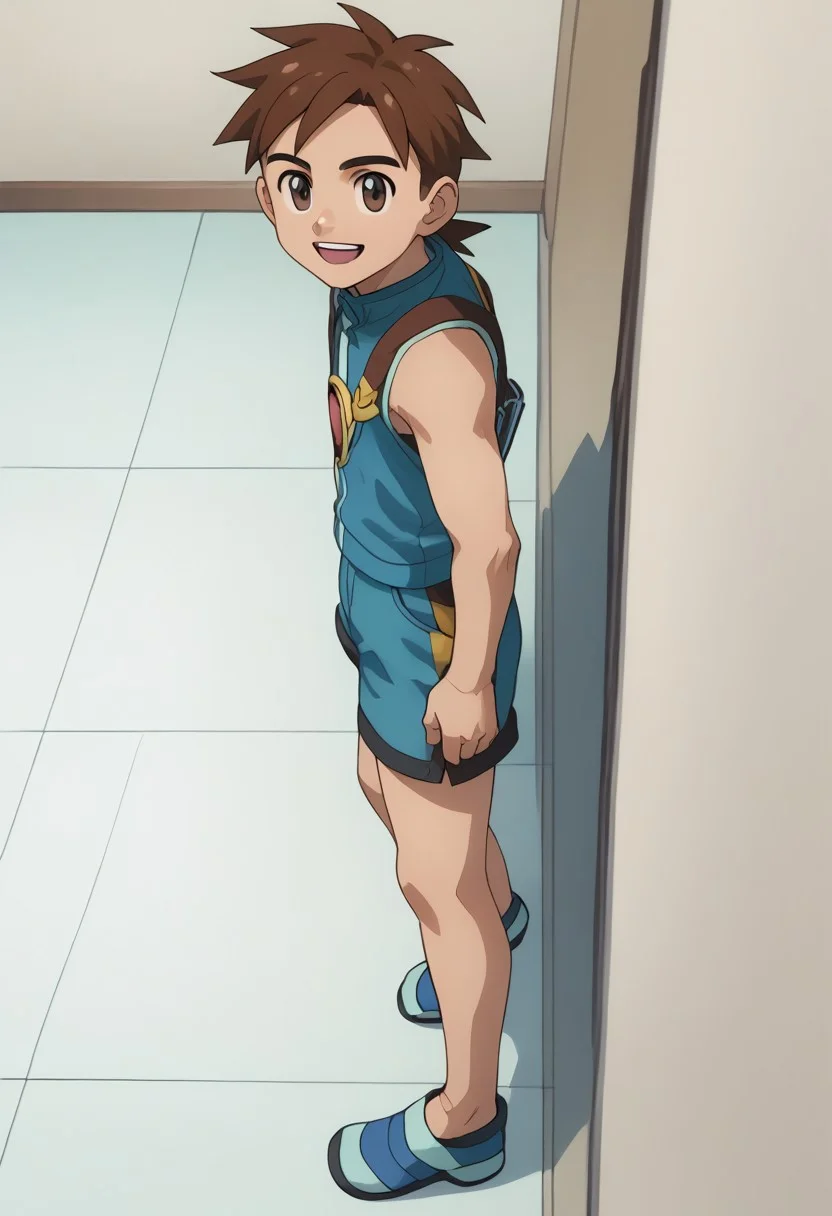 score_9, score_8_up, source_anime, highly detailed,
a 1boy, lan hikari, brown hair, brown eyes,male focus, solo, open mouth, smile, looking at viewer, above the knee shorts,
bedroom, full body, low view, blue shorts, side view, calves view,