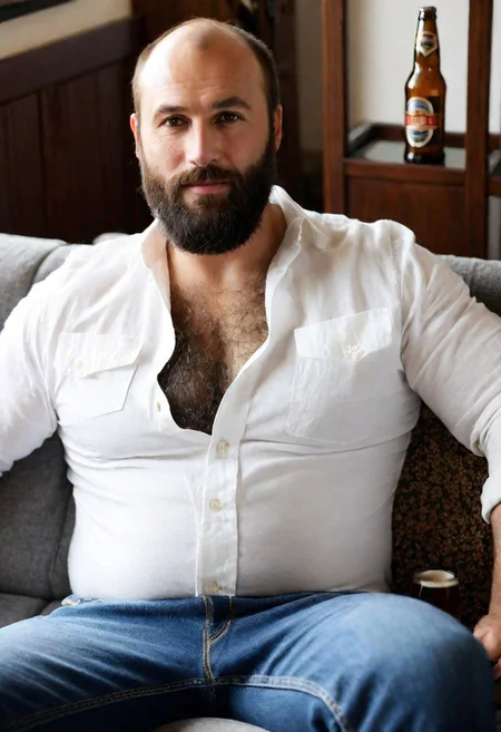 brown eyes, balding, beefy body type, late thirties, strong facial features, beard, hairy body, hairy chest, living room, couch, sitting on the couch,, open shirt, jean, beer