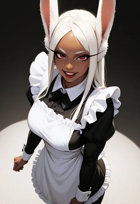 score_9, score_8_up, solo, 1girl, Mirko, Expressiveh,looking at viewer, seductive, cute, red lips, solo, (l0ngm41d, long sleeves, bow, apron, maid, frilled apron), simple background, black background, narrow waist, solo,muscular female, standing,realistic, solo, white hair, (black skin girl), (black skin), shiny skin, ((breasts focus, from above angles)), lighting, (veins:1.0), laughing ,rabbit ears